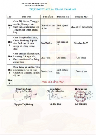 THỰC ĐƠN TUẦN 2 & 4 THÁNG 2 NĂM 2026