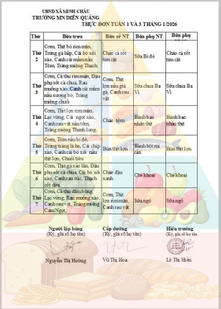Thực đơn tuần 1&3 tháng 1 năm 2026