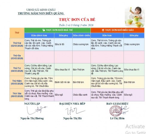 Thực đơn tuần 1 và 3 tháng 3 năm 2026