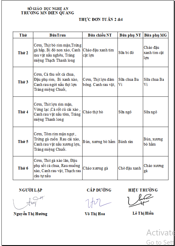 Thực đơn tuần 2 &4 năm học 2025-2026