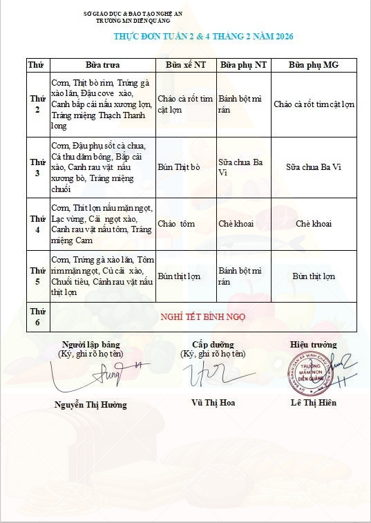 THỰC ĐƠN TUẦN 2 & 4 THÁNG 2 NĂM 2026