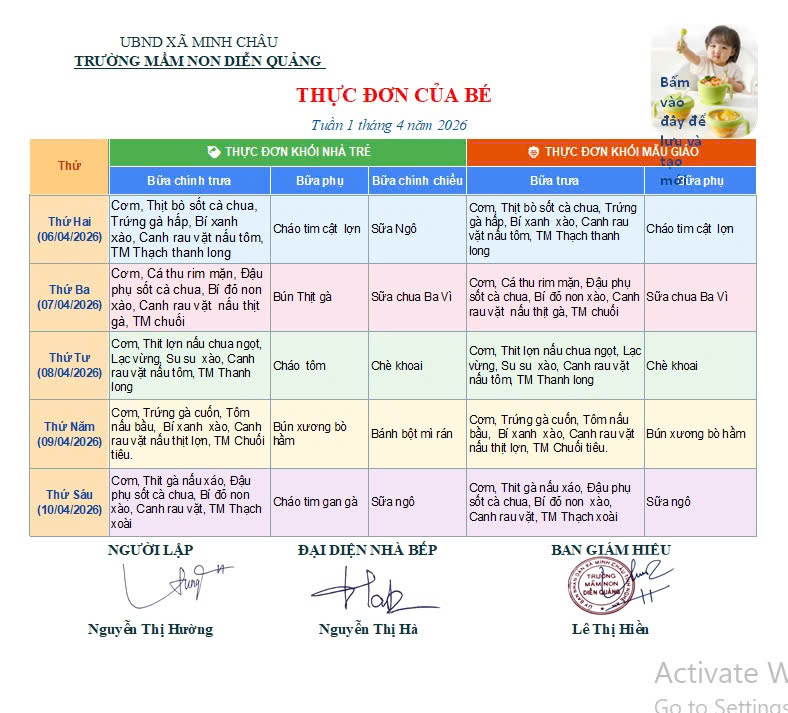 Thực đơn tuần 1 và 3 tháng 4 năm 2026