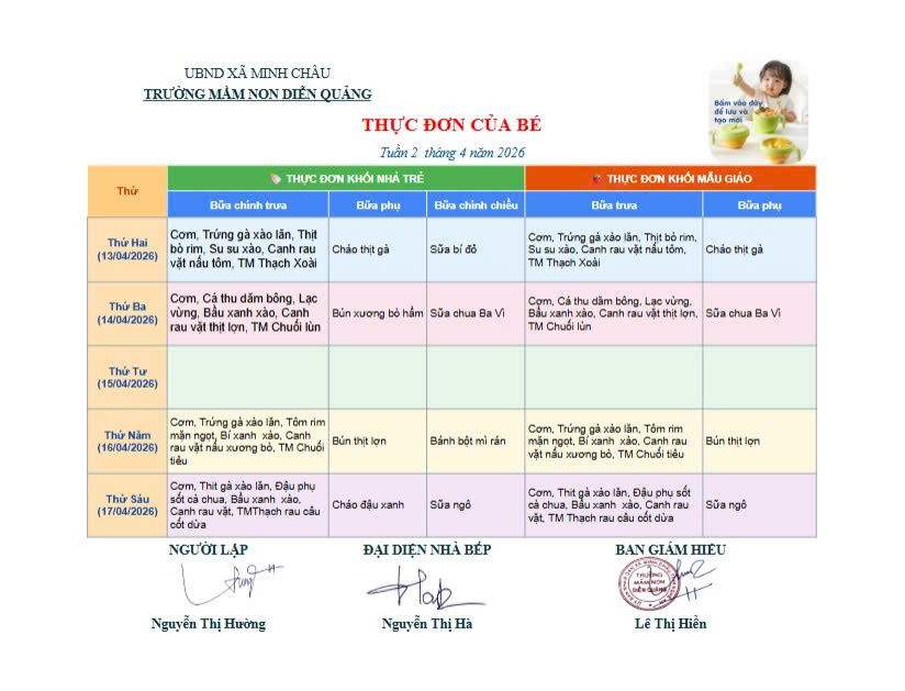 Thực đơn tuần 2 và 4 tháng 4 năm 2026