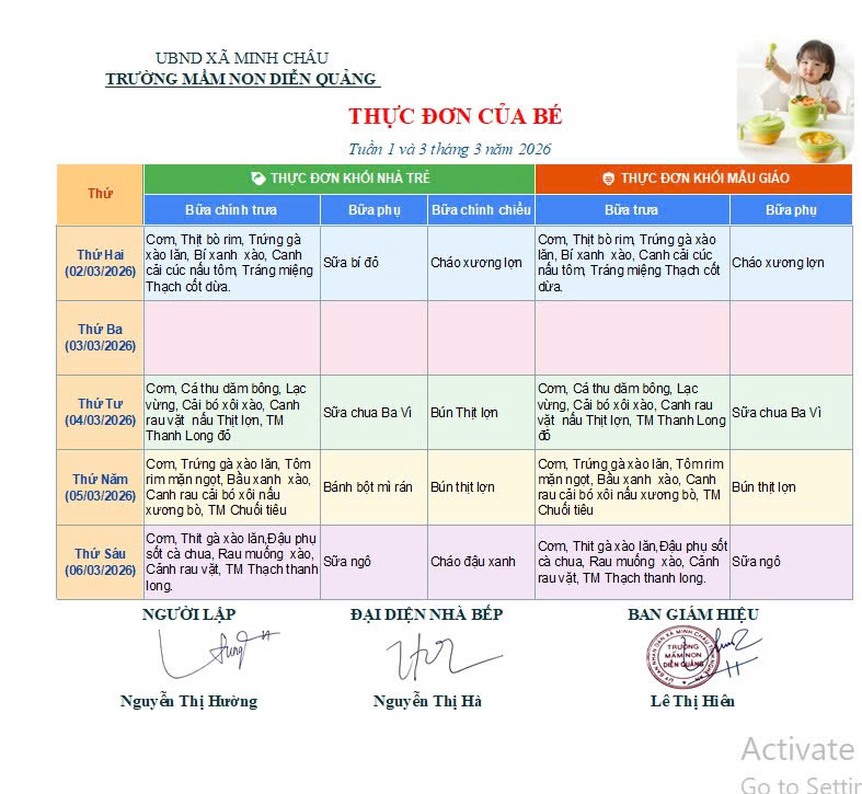 Thực đơn tuần 1 và 3 tháng 3 năm 2026