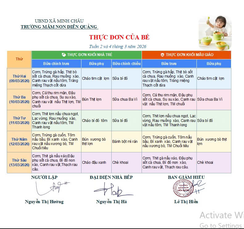Thực đơn tuần 2 và 4 tháng 3 năm 2026